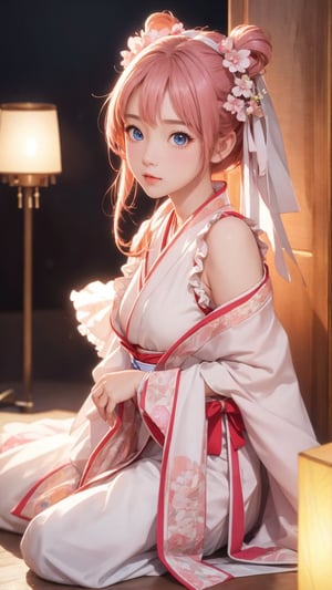 Pixar anime movie scene style, realistic high quality portrait photography, a beautiful charming eyes and perfect face girl wearing pink and white ruffles hanfu, lamps lighting soft, full body, depth of field.