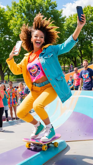 A candid photo of an exuberant woman mid-air, expertly executing a skateboard jump while grinning with joy. She holds her phone with one hand to capture the perfect selfie, showcasing her vibrant, colorful outfit that complements the urban setting. The background reveals a busy skate park filled with onlookers, cheering and capturing the moment with their phones., photo