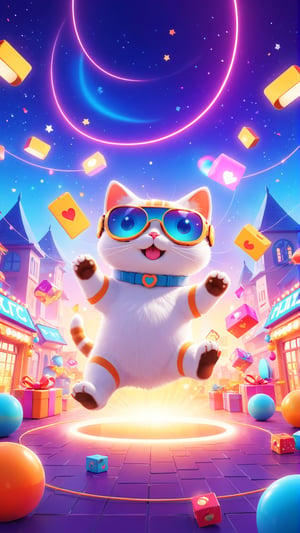 A whimsical and charming illustration of a dancing cat, showcasing its grace and merriment in every movement. The cat is adorned with a VR headset, and the background features vibrant colors, flashy lights, and bold symbols that evoke a sense of humor and celebration. The atmosphere is warm, cozy, and nostalgic, with a blend of classic and modern elements that pay homage to the simple joys of life and the captivating world of gaming., photo, 3d render, poster, cinematic, illustration, typography, fashion