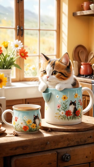 Whimsical scene of a curious cat, ears perked and whiskers twitching, peeking out from the rim of a quaint, hand-painted mug. Fluffy tail entwined around the handle, as if claiming ownership. Sunlit kitchen background features a rustic wooden table, vintage stove, and warm tones, evoking a sense of cozy comfort. Flowers bloom bokeh background.