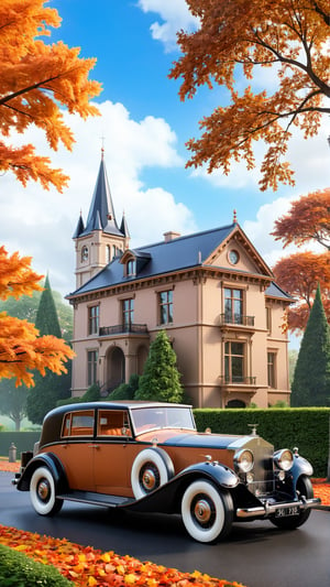 Blue sky beautiful clouds, A captivating illustration by @elmagnifico2 features a classic black 1920s Rolls-Royce elegantly parked on a tree-lined road. The vehicle's timeless design contrasts with the grand, almost fairytale-like Victorian mansion in the background, which has a towering spire and prominent tower. The autumnal setting, with vibrant orange and brown leaves on the trees, adds warmth and richness to the scene. The overcast sky casts a moody atmosphere, enhancing the vintage charm and nostalgic allure of this idyllic tableau.