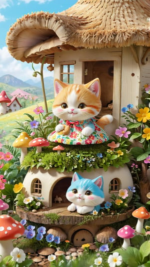 Charming and whimsical rustic centerpiece illustration of an adorable little kitten sitting in a vibrant mushroom garden.  The little cat has a sweet smile and wears an exquisite floral dress.  Surrounding the kitten is a row of colorful mushrooms, some of which have cute faces.  The background depicts a quaint cottage with a thatched roof and blooming flowers, creating a peaceful, idyllic country atmosphere.