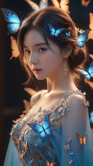 A girl wearing ,glowing butterflies gown dress,fantacy,  ,cinematic, photography,  hyper detailed, trending on artstation, sharp focus, studio photo, intricate details, highly detailed,detailed face, detailed, (ultra hd,) ,photo r3al