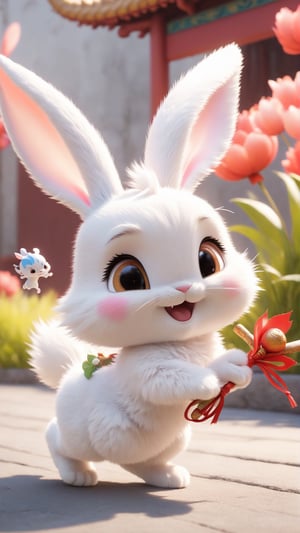 Pixar animated movie style, during the marathon, a cute long-eared white rabbit hands the stick to the cute Chinese dragon baby in the relay, letting it continue running, Chinese Year of the Dragon style, cute and happy picture, flowers blooming, light Depth of field as background,Xxmix_Catecat