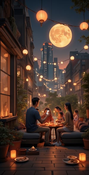 A minimalist-style small courtyard. In the summer night view, a family sits warmly on a modern minimalist sofa eating mooncakes. The background is modern high-rise buildings and bustling city streets. On one side is a large modern minimalist house. The background is a sky that gradually changes from red to gold, with a huge golden full moon hanging high in the sky. There is a plate of fruit and a box of mooncakes on the table. Dad holds up his phone to take pictures, and Mom, son, and daughter smile at him. They have various expressions on their faces, such as happiness and joy. 