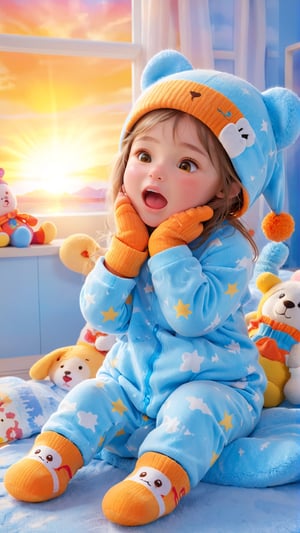 A charming animated scene, a lovely and beautiful little girl yawning widely in the early morning. She is dressed in a cozy pajama set with a warm hat and socks. The background shows a sunrise with vibrant colors of light blue, orange, and yellow. There's a soft, fluffy pillow next to her with a favorite stuffed animal. The atmosphere is cozy and comforting, capturing the essence of a child's early morning routine.