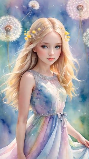 A mesmerizing English watercolor illustration of a tender and charming young girl with long blonde hair, adorned with delicate dandelions and pastel rainbow colored dress and accented with silver ink details. The girl stands gracefully amidst a gentle haze, surrounded by a blend of vibrant and soft lighting that creates an ethereal atmosphere. The high-resolution, 4K artwork captures intricate details and a lifelike portrayal of the scene, resulting in a visually captivating and aesthetically pleasing piece that transcends the boundaries of traditional color, illustration, poster, and conceptual art., conceptual art, illustration, painting, poster