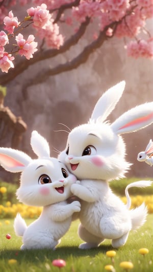 Pixar animated movie style, during the marathon, cute Chinese  dragon and cute rabbit, the story begin, a cute long-eared white rabbit hands the stick to the cute Chinese dragon baby in the relay, letting it continue running, Chinese Year of the Dragon style, cute and happy picture, flowers blooming, light Depth of field as background,Xxmix_Catecat