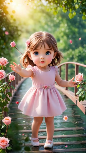 generate 3d image of rose falling from the hands of four year old girl standing in a wired bridge, perfect face and beautiful eyes and the best quality portrait photography, flowers bloom bokeh background, beautiful and fantastic and dreamy, dreamy romantic scene style, depth of field.