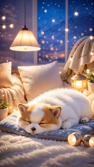 Night scene style, realistic high quality, bedroom furniture, a adorable beautiful little fuzzy pet A cute fluffy so charming and adorable little fuzzy pet, Lying down and Sleeping on the pillow with a fluffy blanket, closed eyes sleeped, so happiness and enjoying, lamps lighting soft bokeh background.