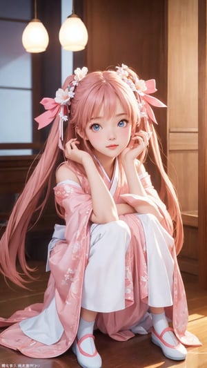 Pixar anime movie scene style, realistic high quality portrait photography, a beautiful charming eyes and perfect face girl wearing pink and white ruffles hanfu, lamps lighting soft, full body, depth of field.