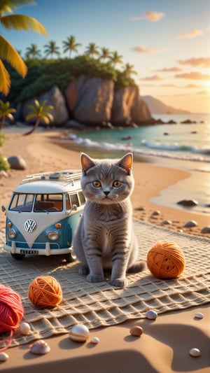 ((ultra realistic photo))  a cute little British shorthaired Kitty playing with a little ball of yarn ON A PLAID, IN FRONT OF THE CLASSIC VW CAMPER VAN, LOVELY WELL-ARRANGED CAMPING ENVIROMENT (art, DETAILED textures, pure perfection, hIgh definition), detailed beach around , tiny delicate sea-shell, little delicate starfish, sea ,(very detailed TROPICAL hawaiian BAY BACKGROUND, SEA SHORE, PALM TREES, DETAILED LANDSCAPE, COLORFUL) (GOLDEN HOUR LIGHTING), delicate coral, sand piles,LegendDarkFantasy