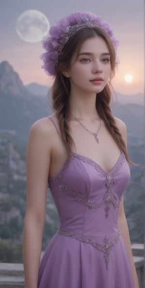 A beautiful girl with long hair in an ancient Greek dress stands on the background of mountains and purple neon lights, blue moonlight, light painting, fantasy art style, colorful costumes, mysterious portrait, fantasy realism, dreamy atmosphere, detailed facial features, fluorescent colors, soft focus, bokeh, pink moon at night sky. In front there is a headdress made from silver beads, a large sapphire necklace around her neck, and small gemstones woven into it. The woman's eyes were closed