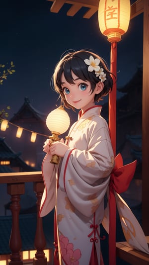 Pixar anime movie scene style, perfect face, Chinese house style, in the night, A beautiful and cute little girl with beautiful eyes is standing on the railing. six years old cute little girl holding lantern on the balcony, in the style of charming anime characters, 32k uhd, Pixar movie scene style, realistic high quality portrait photography, timeless beauty, The lantern lamp behind her are emitting soft light. She is beautiful and dreamy. smile and so happy, flowers blooming and lighting bokeh as background. 