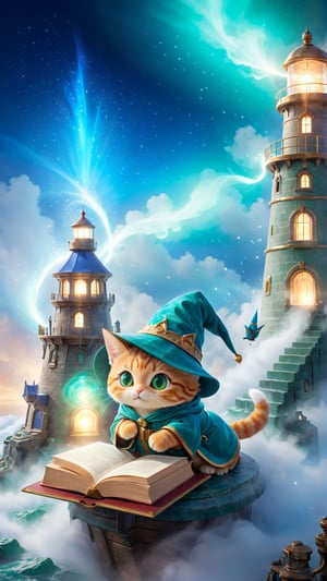 A captivating scene where a small, anthropomorphic tabby cat wearing a blue wizard's hat and robe is perched atop a misty, ancient lighthouse. The cat, with emerald green eyes, is flipping through the pages of a mysterious, ornate brown book. The lighthouse, surrounded by thick fog, emits a single beam of light that intertwines with the glowing embers and sparks from the book, casting a magical, ethereal glow. The cityscape, visible in the distance, appears to be a blurred, dreamlike world, as if the reader has been transported to a magical realm.