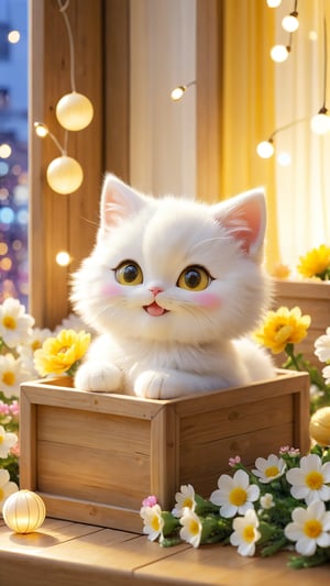 Pixar anime movie scene style, realistic high quality animal photography, A white yellow adorable cute fluffy beautiful eyes so charming kitten behind in the wooden box, looking outside and The curious expression is so cute, closed mouth smile and enjoy, colours Ball of yarnnear the box.flowers bloom bokeh and lights soft and curtain and window as background, depth of field.
