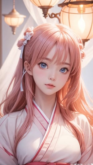 Pixar anime movie scene style, realistic high quality portrait photography, a beautiful charming eyes and perfect face girl wearing pink and white ruffles hanfu, lamps lighting soft, full body, depth of field.