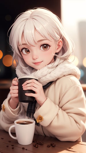 The cute world of wool felt, a cute little girl wearing colorful and white fluffy coat and scarf is drinking hot coffee in a coffee shop, very beautiful, enjoying the coffee, smiling slightly, realistic super details, soft focus, chibi, tilt-shift, super lighting , volume, Jon Klassen, focus, 80mm lens, wide aperture, light colors, flower bloom and lights bokeh background, 8k HD
