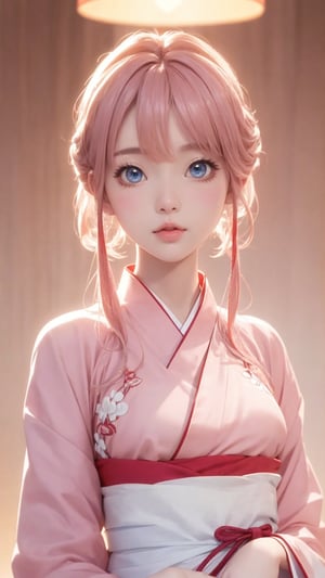 Pixar anime movie scene style, realistic high quality portrait photography, a beautiful charming eyes and perfect face girl wearing pink and white ruffles hanfu, lamps lighting soft, full body, depth of field.