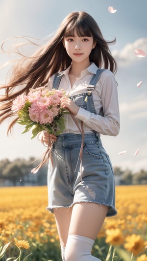 background is flower field,grass field,horizon,wind blowing,petals blowing,16 yo, 1 girl, beautiful girl,smile,
wearing denim overalls skirt,long socks,standing on flower field,holding buquet, cowboy shot,very_long_hair, hair past hip, bangs, curly hair, realhands, masterpiece, Best Quality, 16k, photorealistic, ultra-detailed, finely detailed, high resolution, perfect dynamic composition, beautiful detailed eyes, ((nervous and embarrassed)), sharp-focus, full body shot,pink flower,flower