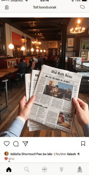 Instagram story image format for a restaurant, which depicts a newspaper with an article about the restaurant. 