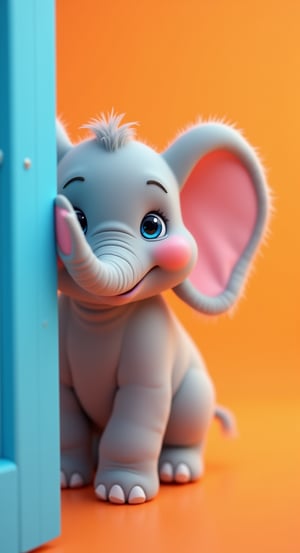 An adorable anthropomorphic pink elephant pokes its head out from behind a vibrant blue door, its big eyes full of curiosity and joy. The elephant has soft, fluffy gray fur, a pink nose and inner ears, and its cute, playful smile makes the character feel lively and friendly. The background is a smooth, solid orange color that enhances the contrast of the elephant with the background. Render in a detailed cartoonish style with smooth, soft textures, bright lighting, and a warm color palette that accentuates a fun and friendly atmosphere. High quality 8K images, focus on charm and expressiveness, 3D rendering, C4D 