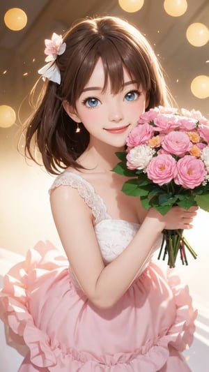 Pixar anime movie scene style, Flowers bloom, a beautiful and charming eyes girl wearing light pink and white ruffled dress, holding flowers bouquet, smile, realistic high quality portrait photography, animation, perfect face, light brown hair, full body style, soft-edged, lamps lighting soft, flowers bloom bokeh background, fantastic and dreamy. Depth of field.