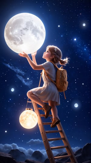 A girl's determined expression shines alongside the luminescent moon as she ascends a worn wooden ladder, backpack overflowing with starlight, against a vast, dark space backdrop. Her outstretched hands grasp for the glowing orb, bathed in its soft, silvery light that illuminates her profile.