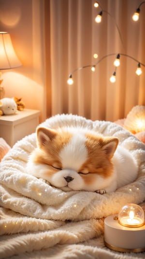 Night scene style, realistic high quality, bedroom furniture, a adorable beautiful little fuzzy pet A cute fluffy so charming and adorable little fuzzy pet, Lying down and Sleeping on the pillow with a fluffy blanket, closed eyes sleeped, so happiness and enjoying, lamps lighting soft bokeh background.