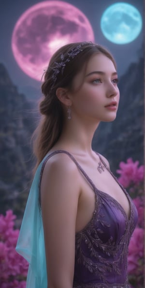 A beautiful girl with long hair in an ancient Greek dress stands on the background of mountains and purple neon lights, blue moonlight, light painting, fantasy art style, colorful costumes, mysterious portrait, fantasy realism, dreamy atmosphere, detailed facial features, fluorescent colors, soft focus, bokeh, pink moon at night sky. In front there is a headdress made from silver beads, a large sapphire necklace around her neck, and small gemstones woven into it. The woman's eyes were closed