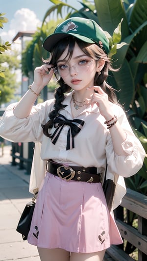 1girl, solo, long hair, looking at viewer, bangs, skirt, brown hair, black hair, hat, jewelry, braid, heart, earrings, belt, necklace, twin braids, bracelet, lips, sunglasses, child, baseball cap, female child, heart earrings, heart-shaped eyewear, pink-framed eyewear,venti (genshin impact),Nature