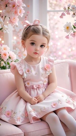 Night style, Side view shot, Flowers bloom, A beautiful adorable girl, With a small bow tied on her head, beautiful eyes, and a cute little girl sitting on the soft sofa, she wearing light pink and white dress .lovely portrait photography, realistic high quality portrait image,flowers bloom bokeh background, depth of field.