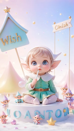 On a completely white background, a cute kawai style baby of an elf girl with big eyes, underneath a sign written "Wish". A tranquil dreamscape, displayed in delicate pastels colors, each tone harmonizing to create an ethereal and abstract symphony. Excellent representation. Magnificent image, ultra-detailed and hyper-realistic masterpiece, 4D, high quality portrait photography 