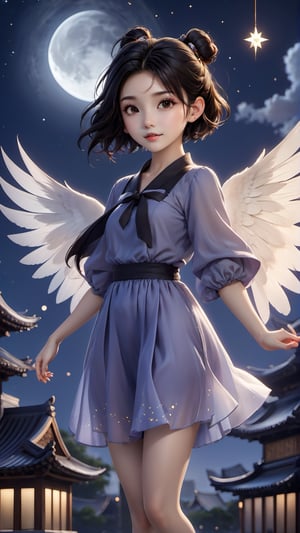 1girl, solo, looking at viewer, short hair, black hair, twintails, brown eyes, full body, parted lips, wings, sky, barefoot, star \(symbol\), blurry, black eyes, double bun, night, moon, outstretched arms, child, night sky, full moon, hair rings, flying, fairy wings, fairy, architecture, east asian architecture