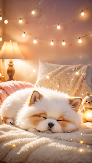 Night scene style, realistic high quality, bedroom furniture, a adorable beautiful little fuzzy pet A cute fluffy so charming and adorable little fuzzy pet, Lying down and Sleeping on the pillow with a fluffy blanket, closed eyes sleeped, so happiness and enjoying, lamps lighting soft bokeh background.