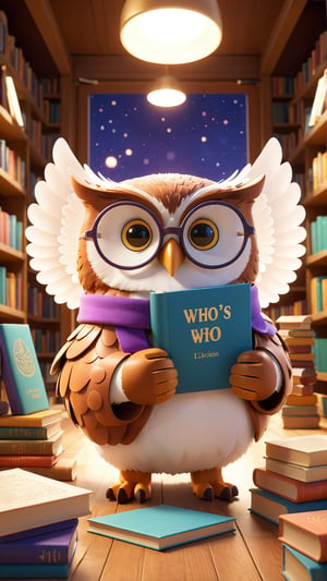 A vibrant 3D render of a wise-looking owl librarian, wearing tiny glasses and intently flipping through a massive book titled 'Whoo’s Who in Literature.' The owl's wings are gracefully organizing books on the shelves behind it. The background features a warm, inviting library atmosphere, with soft lighting that emphasizes the owl's presence. The caption, 'Knowledge is a Hoot!' is displayed prominently in a playful, whimsical typography., typography, 3d render, vibrant