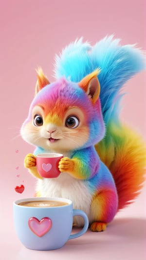 Pixar anime movie scene style , 3d render, A charming of a small rainbow-colored squirrel from India, known as the Indian little fuzzy Rainbow Squirrel Baby, with an empty coffee cup and a heart in delicate porcelain tea cup. Its soft fur and large curious eyes embody the innocence and wonder of this creature,3f render, high quality, cute and adorable  