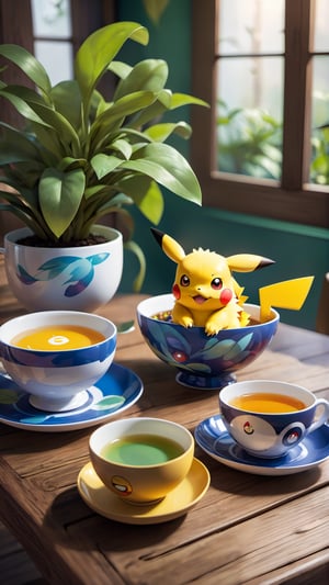 food, blurry, cup, pokemon creature, no humans, leaf, table, plant, teacup, bowl, potted plant, teapot, tea, egg, saucer, wooden table, Pokémon, anime 