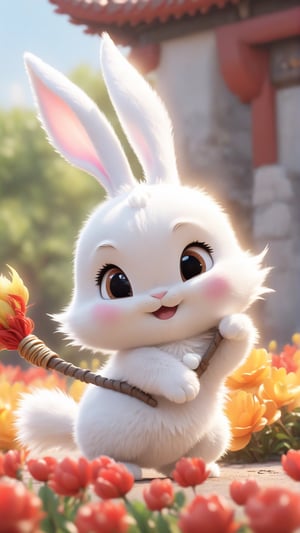 Pixar animated movie style, during the marathon, cute Chinese  dragon and cute rabbit, the story begin, a cute long-eared white rabbit hands the stick to the cute Chinese dragon baby in the relay, letting it continue running, Chinese Year of the Dragon style, cute and happy picture, flowers blooming, light Depth of field as background,Xxmix_Catecat