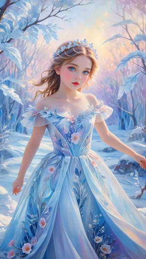 A captivating impressionist oil painting of a young girl, elegantly dressed in a whimsical, ice-inspired gown. Her eyes sparkle with curiosity, focused on something beyond the viewer's sight. The delicate floral details and flowing train of her gown are intricately portrayed through soft brushstrokes, evoking a dreamy and otherworldly atmosphere. The background features a blend of cool colors, with winter light filtering through the trees, casting a magical aura over the entire scene.