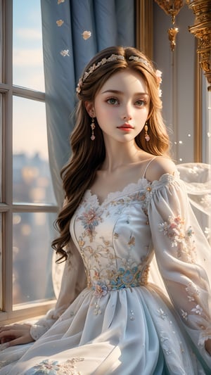 a gentle soft girl of 15 years old lies by the window, a transparent embroidered curtain is swayed by a breeze, the girl is wearing a combination dress made of richelieu lace, made of snow-white fine fabric, the sun's rays fall on the girl's skin, she dreams, delicate pastel colors, velvet bedspreads, many interesting details, figurines, marble, crystal in the room