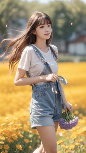 background is flower field,grass field,horizon,wind blowing,petals blowing,16 yo, 1 girl, beautiful girl,smile,
wearing denim overalls skirt,long socks,standing on flower field,holding buquet, cowboy shot,very_long_hair, hair past hip, bangs, curly hair, realhands, masterpiece, Best Quality, 16k, photorealistic, ultra-detailed, finely detailed, high resolution, perfect dynamic composition, beautiful detailed eyes, ((nervous and embarrassed)), sharp-focus, full body shot,pink flower,flower