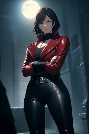 (A Gorgeous 25-Year-Old British Female Mercenary), (Wavy Bobcut Black Hair), (Pale Skin:1.2), (Sapphire Blue Eyes), (Wearing Red Leather Jacket, Black V-Neck Undershirt, and Black Tight Pants:1.4), (Moonlit City Road at Night), (Crossed Arms Pose:1.4), Centered, (Waist-up Shot:1.4), (From Front Shot:1.2), Insane Details, Intricate Face Detail, Intricate Hand Details, Cinematic Shot and Lighting, Realistic and Vibrant Colors, Masterpiece, Sharp Focus, Ultra Detailed, Taken with DSLR Camera, Realistic Photography, Depth of Field, Incredibly Realistic Environment and Scene, Master Composition and Cinematography, castlevania style,castlevania style