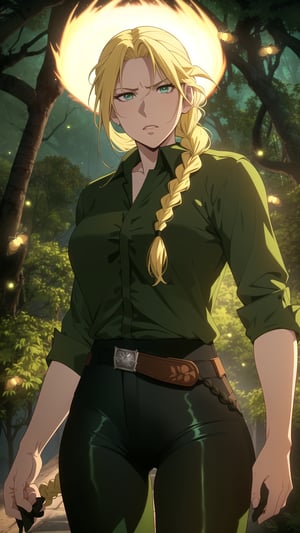 Anime-style Image of A Resilient 25-Year-Old British Female Hunter, (Blonde Hair in a Single Braid:1.4), (Serious Face), (Dark Green Eyes), (Fair Skin), (Wearing Loose-buttoned Dark Green Shirt and Black Tight Pants:1.4), (Pine Forest at Night with Fireflies:1.2), (Walking Pose:1.2), (Waist-Up Shot:1.2), (View From Front:1.2), Realistic Lighting, Intricate Face Detail, Intricate Hand Details, Vibrant Colors, Highly Detailed, High Definition, Trending on Artstation--style raw,castlevania style