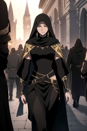 (A Gorgeous 25-Year-Old Middle-Eastern Female Assassin), (Long, Straight Black Hair), (Fair Skin), (Brownish Golden Eyes:1.4), (Wearing Black and Gold Assassin Outfit with Black Veil:1.4), (Desert Arabian City at Night), (Walking in the Crowds Pose:1.4), Centered, (Waist-up Shot:1.4), (From Front Shot:1.2), Insane Details, Intricate Face Detail, Intricate Hand Details, Cinematic Shot and Lighting, Realistic and Vibrant Colors, Masterpiece, Sharp Focus, Ultra Detailed, Realistic Drawing, Depth of Field, Incredibly Realistic Environment and Scene, Master Composition and Cinematography, castlevania style,castlevania style