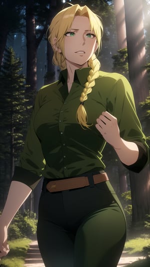 Anime-style Image of A Resilient 25-Year-Old British Female Hunter, (Blonde Hair in a Single Braid:1.4), (Dark Green Eyes), (Fair Skin), (Wearing Loose-buttoned Dark Green Shirt and Black Tight Pants:1.4), (Dark Pine Forest at Night:1.4), (Walking Pose:1.2), (Waist-Up Shot:1.2), (View From Front:1.2), Realistic Lighting, Intricate Face Detail, Intricate Hand Details, Vibrant Colors, Highly Detailed, High Definition, Trending on Artstation--style raw,castlevania style