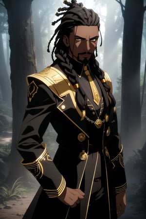 (Masterpiece, Best Quality),  (A Fierce 30-Year-Old African-American Male Shadow Mage), (Dreadlocked Black Hair with Thin Black Goatee:1.4), (Ebony Skin), (Sharp Amber Eyes:1.2), (Wearing Black and Gold Long Coat:1.4), (Dark Forest with Black Fog:1.4), Centered, (Half Body Shot:1.4), (From Front Shot:1.4), Insane Details, Intricate Face Detail, Intricate Hand Details, Cinematic Shot and Lighting, Realistic and Vibrant Colors, Sharp Focus, Ultra Detailed, Realistic Images, Depth of Field, Incredibly Realistic Environment and Scene, Master Composition and Cinematography,castlevania style
