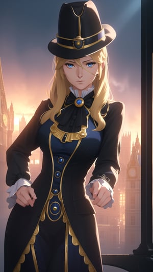 Anime-Style Image of An Elegant 28-Year-Old British Female Detective, (Long Wavy Blonde Hair), (Sapphire Blue Eyes with Monocle:1.2), (Fair Skin), (Dressed in Black and Yellow Victorian Detective Garb with Hat:1.4), (Foggy London Streets:1.2), (Elegant Pose:1.2), (Waist Up Shot), (View From Front), Realistic Lighting, Intricate Face Detail, Intricate Hand Details, Vibrant Colors, Highly Detailed, High Definition, Trending on Artstation--style raw,arcane style