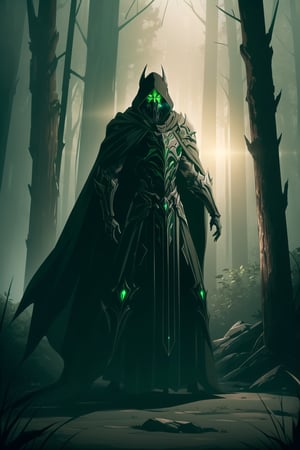 (Masterpiece, Best Quality), (Grim Reaper in Warframe Style Armor), (Masculine Appearance:1.4), (Muscular Frame Build:1.2), (Glowing Green Eyes), (Wearing Green and Black Grim Reaper-Themed Armored Robe, Black Hood, and Black Flowing Cloak:1.4), (Foggy Forest at Night:1.4), (Action Pose:1.4), Centered, (Half Body Shot:1.4), (From Front Shot:1.2), Insane Details, Intricate Face Detail, Intricate Hand Details, Cinematic Shot and Lighting, Realistic and Vibrant Colors, Sharp Focus, Ultra Detailed, Realistic Images, Depth of Field, Incredibly Realistic Environment and Scene, Master Composition and Cinematography, castlevania style,castlevania style,WARFRAME