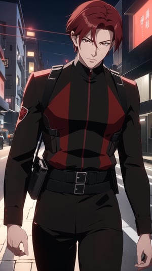 Anime-style Image of A Skillful 25-Year-Old Japanese Male Secret Agent, (Wavy Short Crimson Hair:1.2), (Pale Skin), (Brown Eyes), (Wearing Black and Red Sleek Tactical Outfit:1.4), (Modern City Road at Night:1.4), (Walking Pose:1.4), (Waist-Up Shot:1.4), (View From Front:1.2), Realistic Lighting, Intricate Face Detail, Intricate Hand Details, Vibrant Colors, Highly Detailed, High Definition, Trending on Artstation--style raw,castlevania style